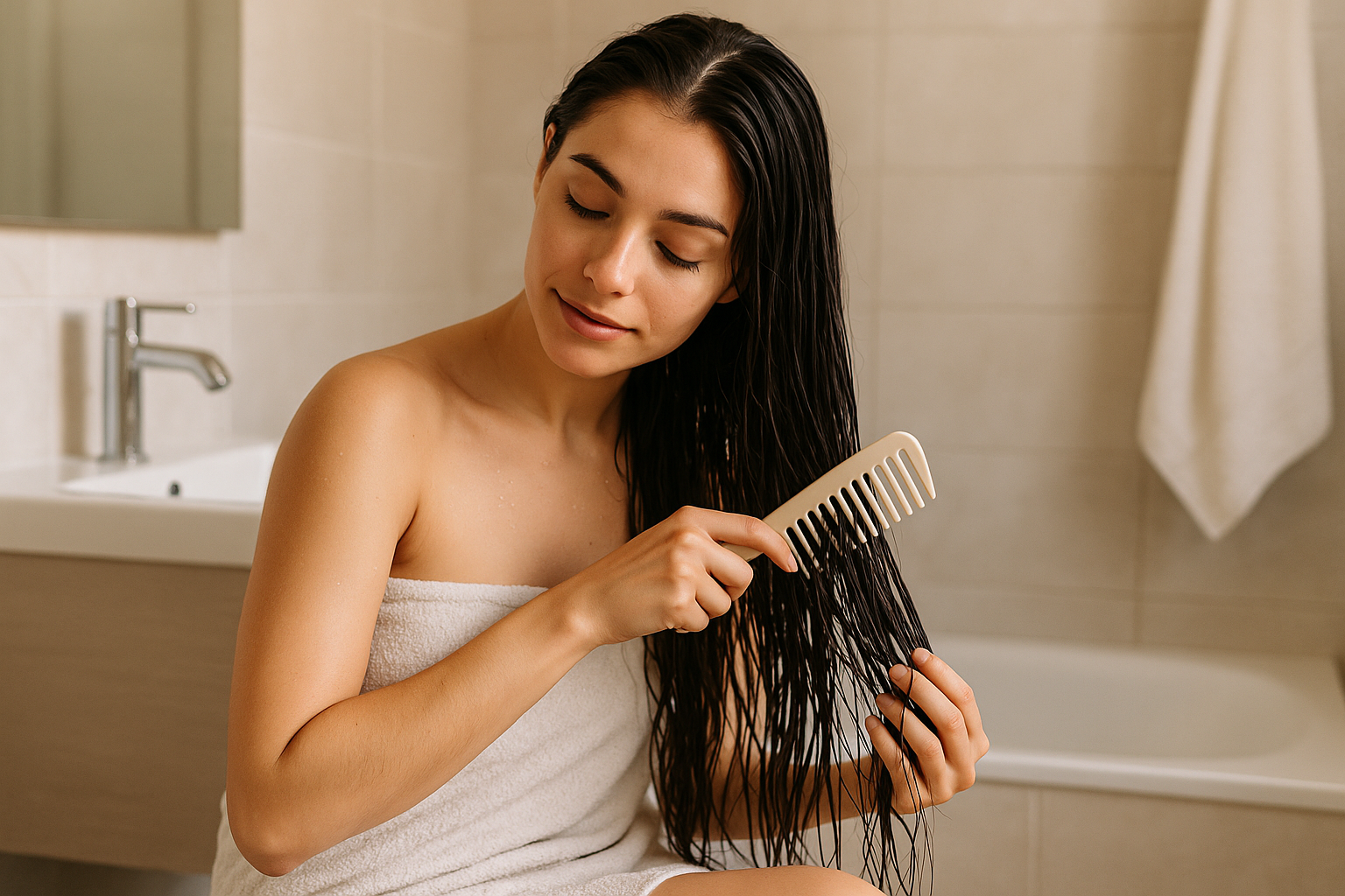 girl with long dark hair, sitting in a bathroom, combing out her wet hair after shower