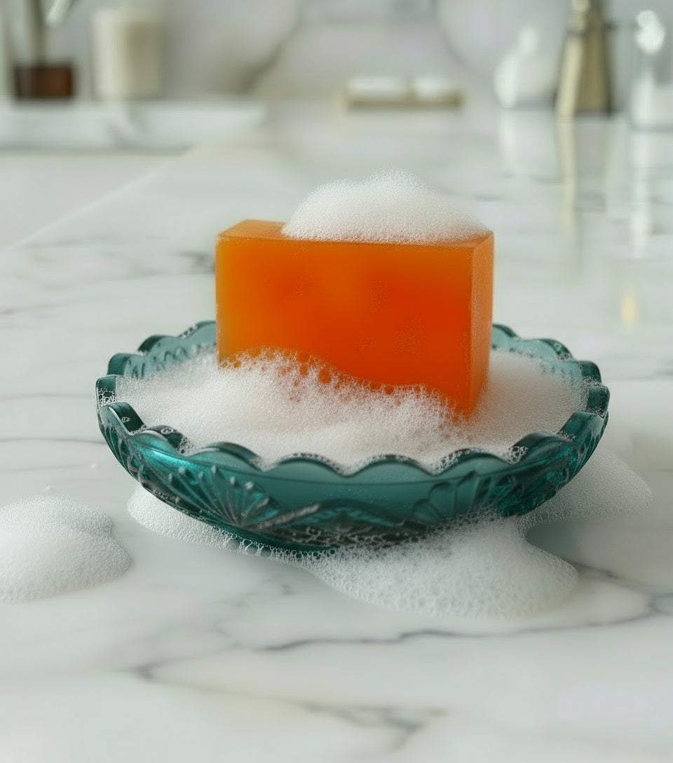 orange soap bar that smells like summer in a teal soap dish