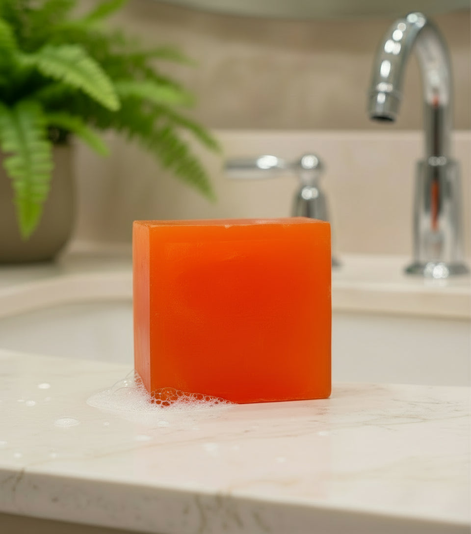 mango soap on bathroom counter