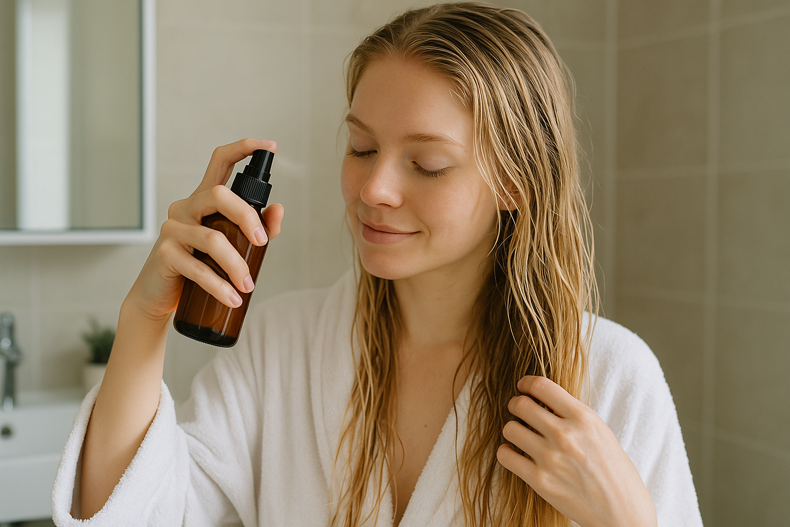 girl with long blond hair spraying her wet hair, after her shower,  with a product in an amber bottle with a black cap